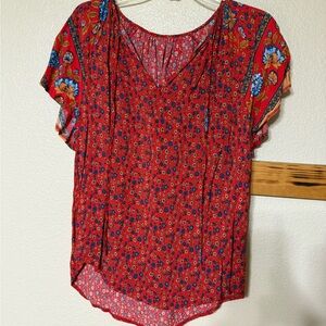 SHEIN Red Blouse with Blue Floral Accents